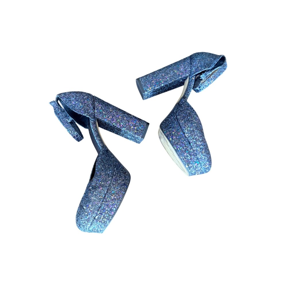 Shellys London Womens Blue Glitter Platform Block Heel Ankle Strap Size 37 6.5